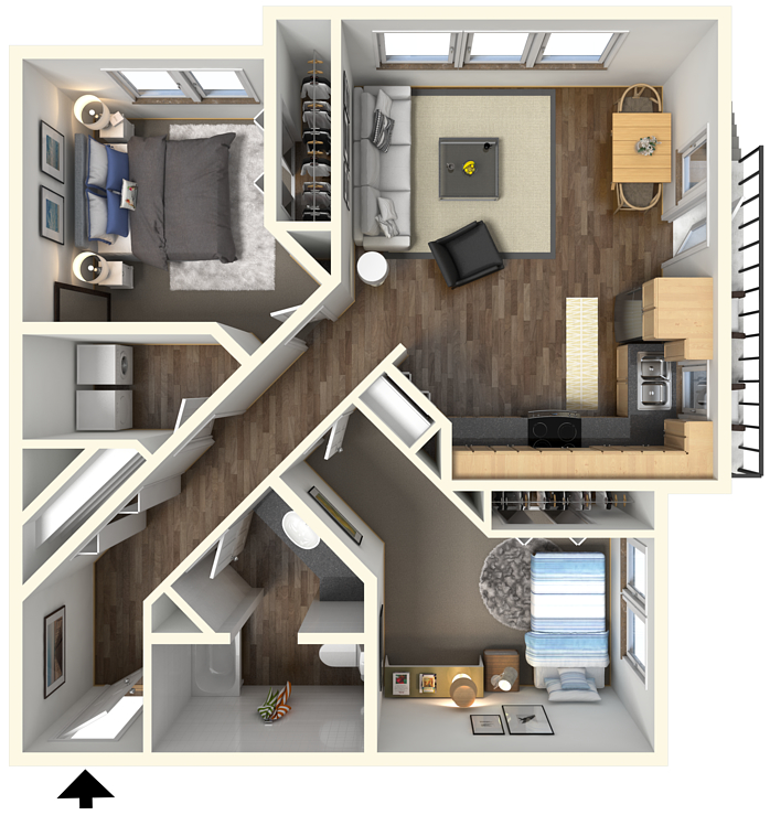 Floor plan for 2 beds, 1 bath, 1008 sqft